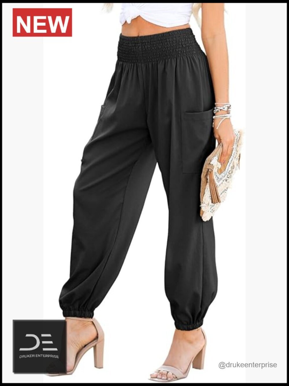 Boho Cargo Pants with Pockets High Waisted Smocked Long Pants